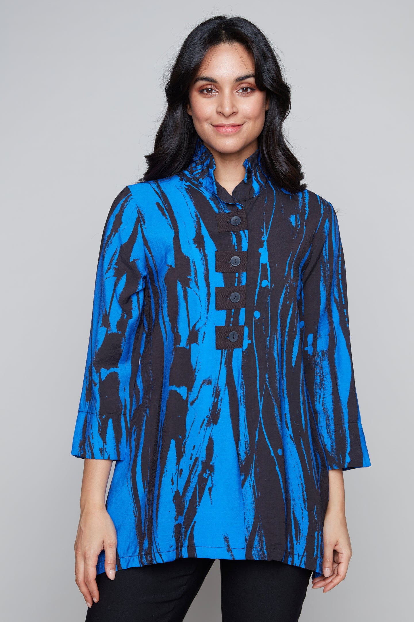 Breezy Black & Periwinkle Blue 3/4-length sleeve button front blouse with frill collar