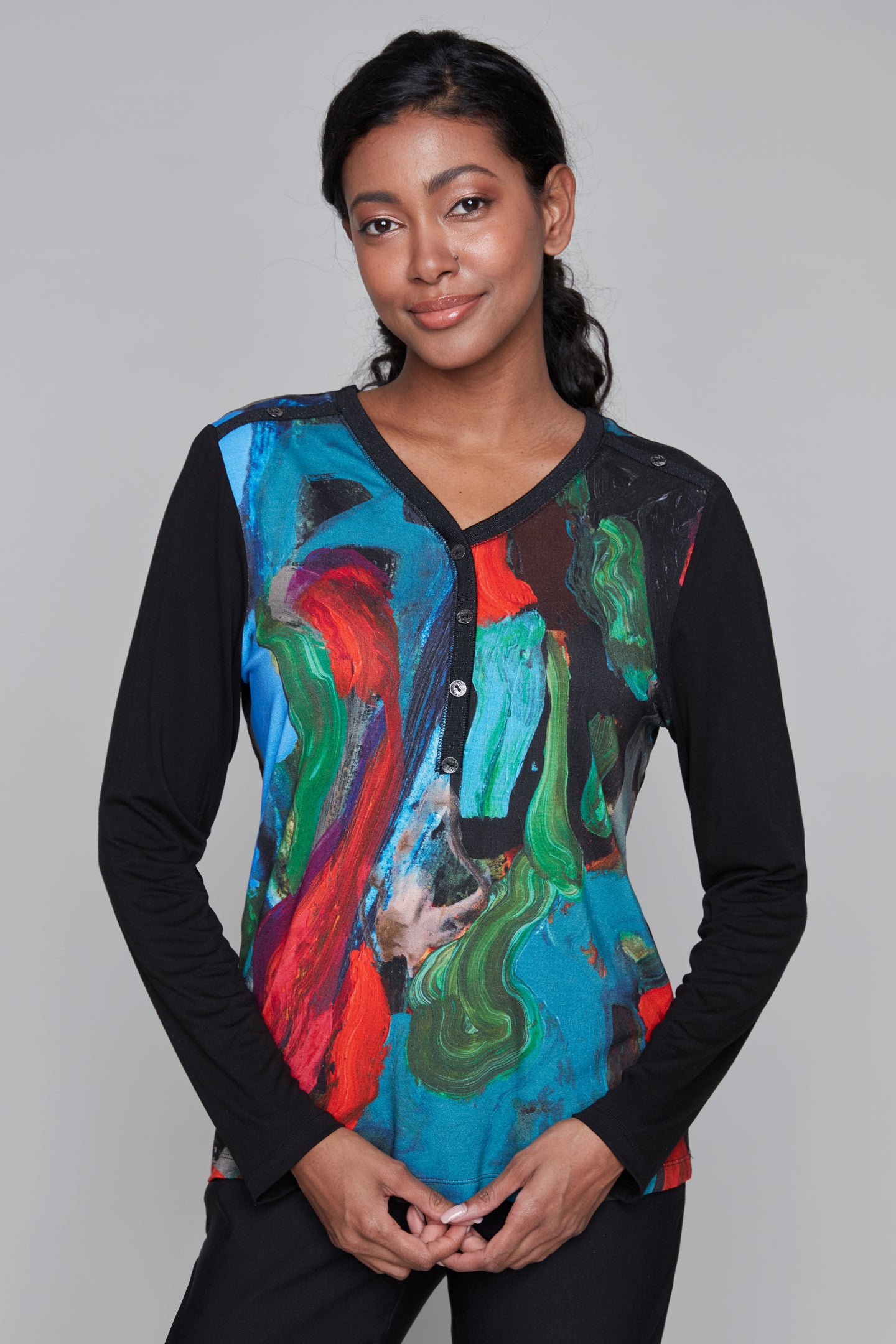 All Warm & Cozy two-tone v-neck long sleeve top