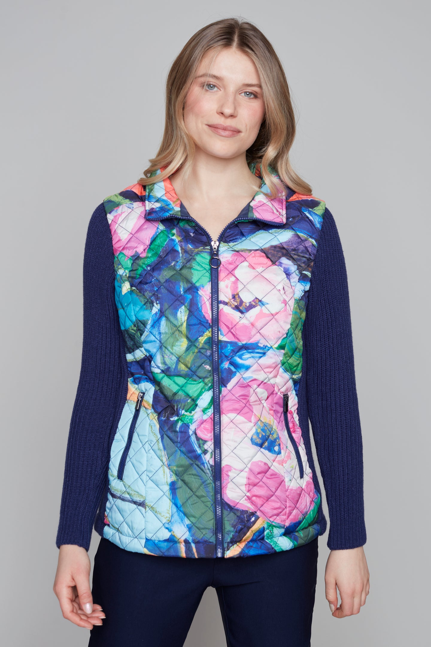 Pink Peonies quilted vest with ribbed side pannels